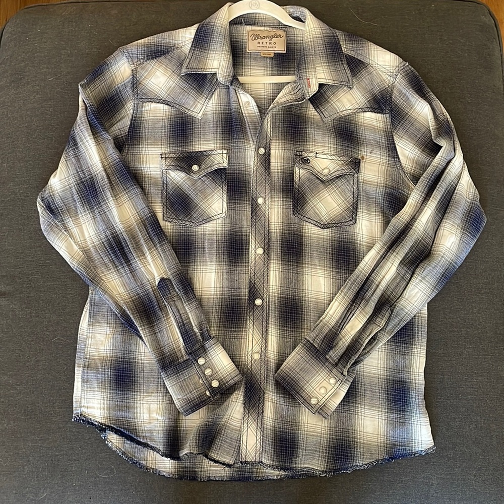 Blue/white checkered Wrangler Retro western shirt XL white pearl snaps